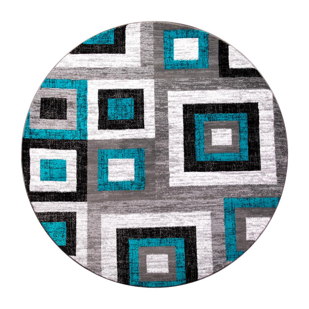 Geometric 5' x 5' Turquoise, Grey, and White Round Olefin Area Rug. Picture 2