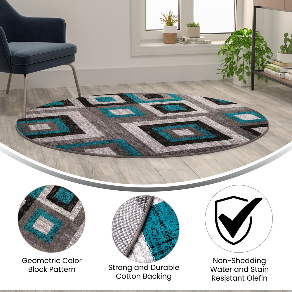 Geometric 5' x 5' Turquoise, Grey, and White Round Olefin Area Rug. Picture 4