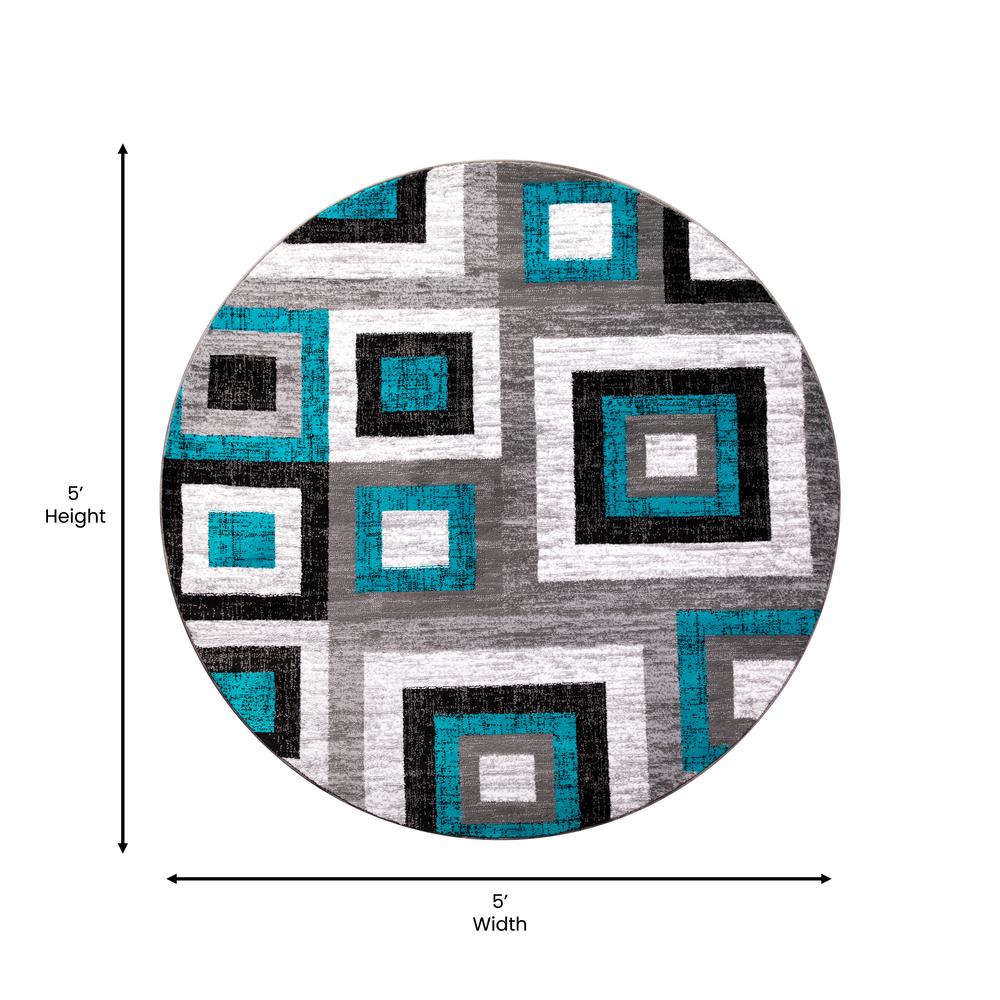 Geometric 5' x 5' Turquoise, Grey, and White Round Olefin Area Rug. Picture 5