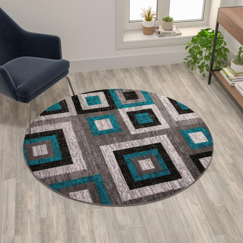 Geometric 5' x 5' Turquoise, Grey, and White Round Olefin Area Rug. Picture 6