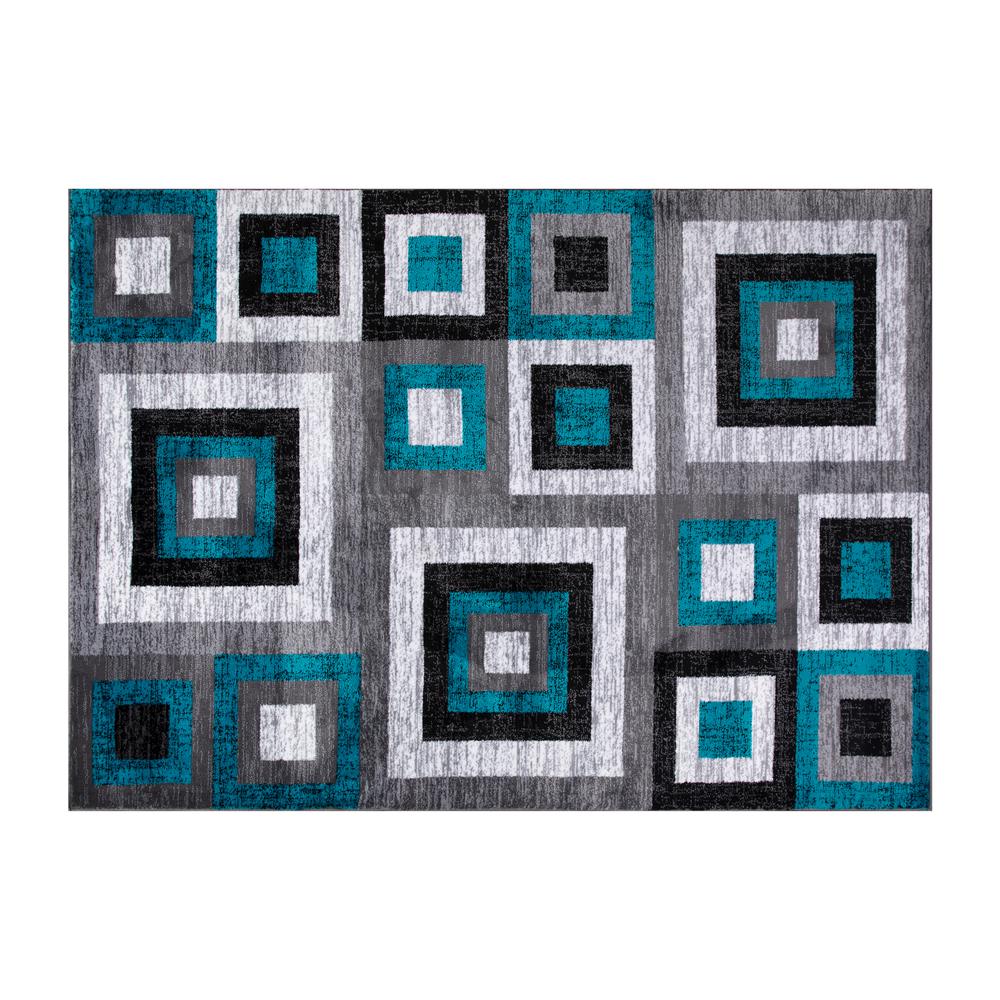 Geometric 6' x 9' Turquoise, Grey, and White Olefin Area Rug with Cotton Backing. Picture 1