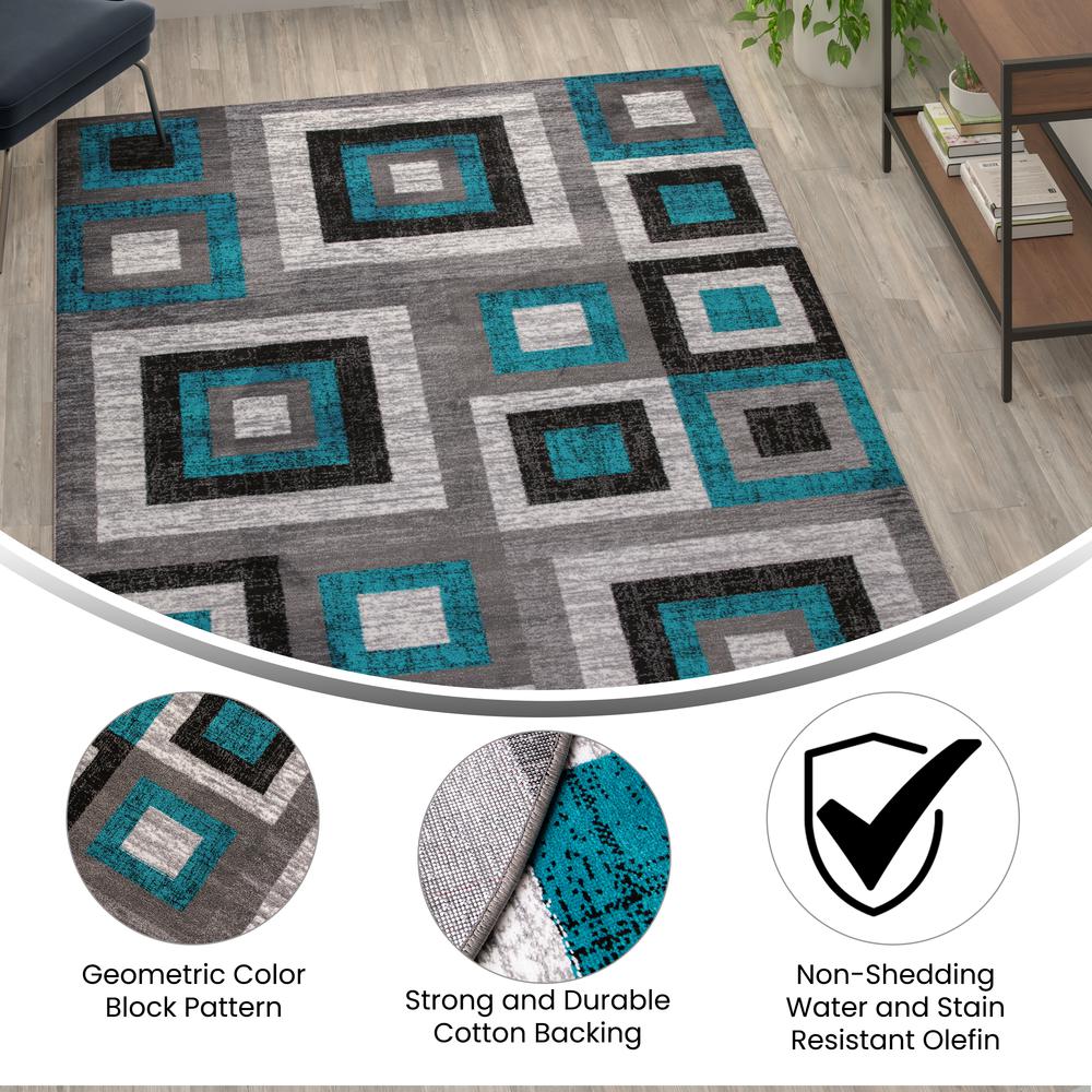 Geometric 6' x 9' Turquoise, Grey, and White Olefin Area Rug with Cotton Backing. Picture 4