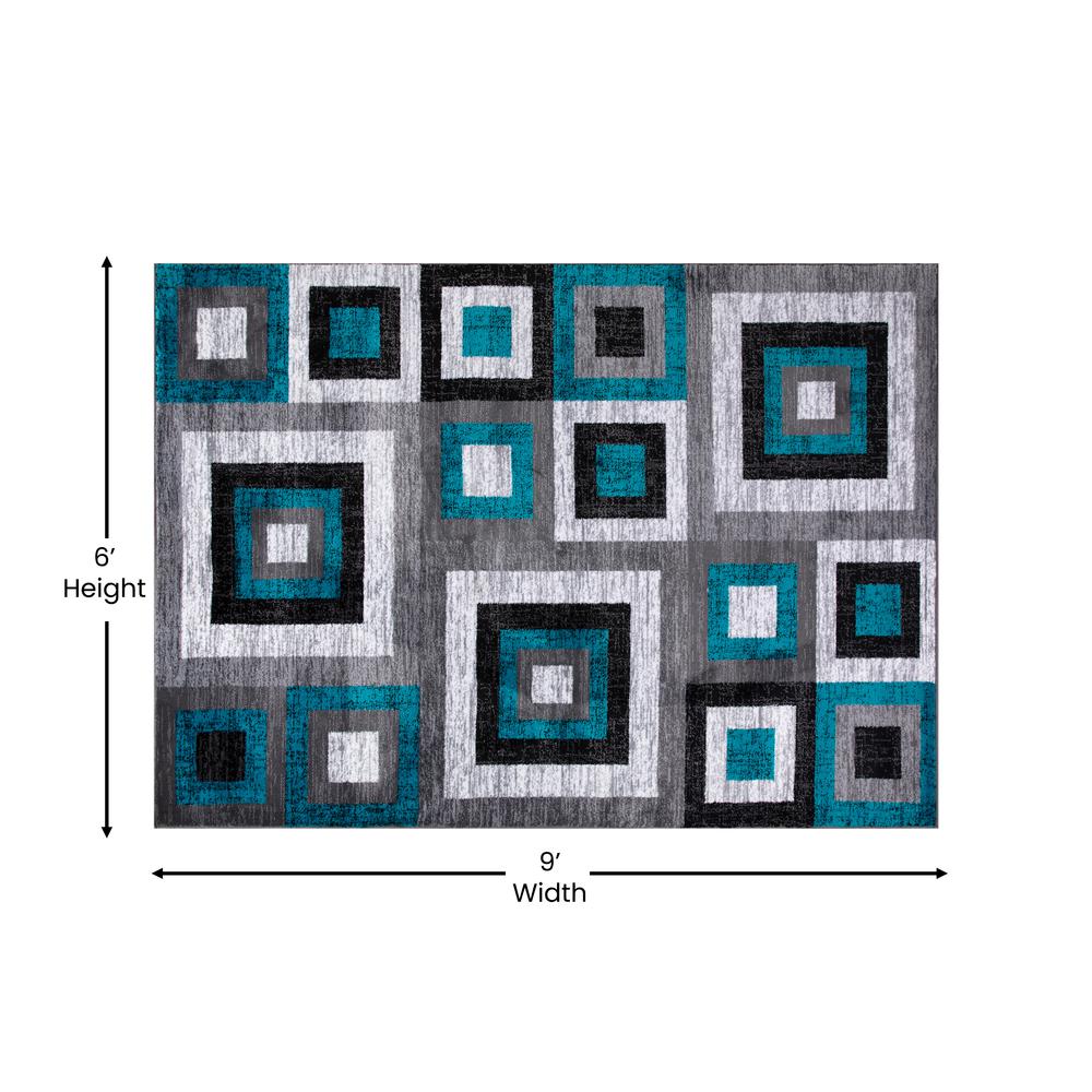 Geometric 6' x 9' Turquoise, Grey, and White Olefin Area Rug with Cotton Backing. Picture 5