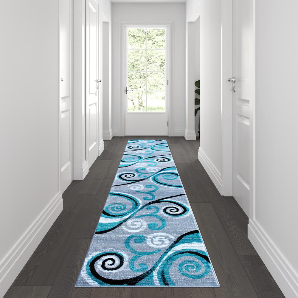 2' x 11' Turquoise Abstract Area Rug - Olefin Rug with Jute Backing. Picture 2