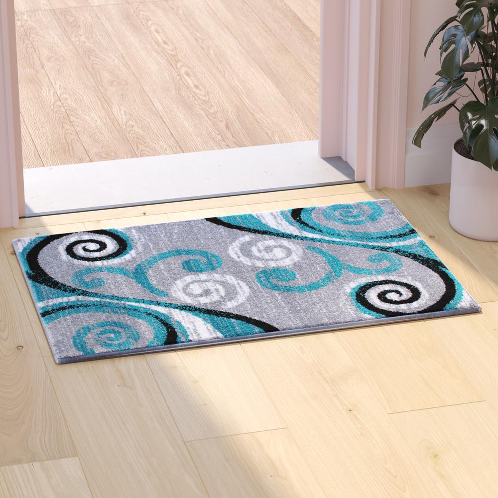 2' x 3' Turquoise Abstract Area Rug - Olefin Rug with Jute Backing. Picture 2