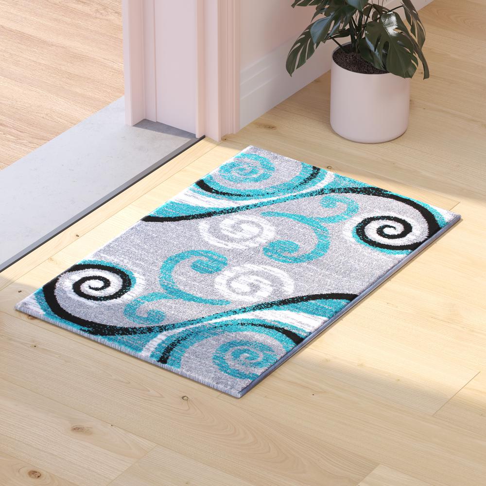 2' x 3' Turquoise Abstract Area Rug - Olefin Rug with Jute Backing. Picture 5