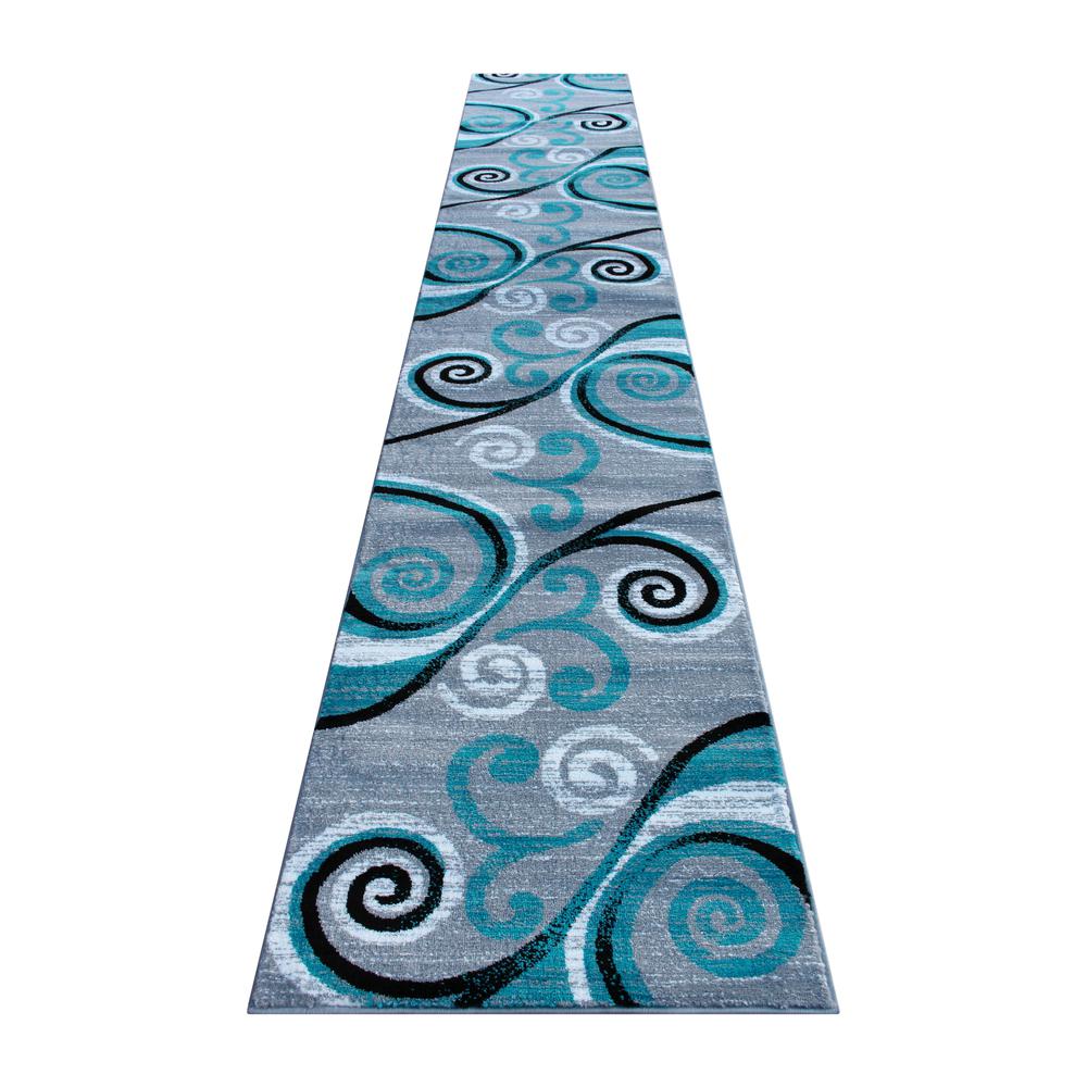 3' x 16' Turquoise Abstract Area Rug - Olefin Rug with Jute Backing. Picture 1