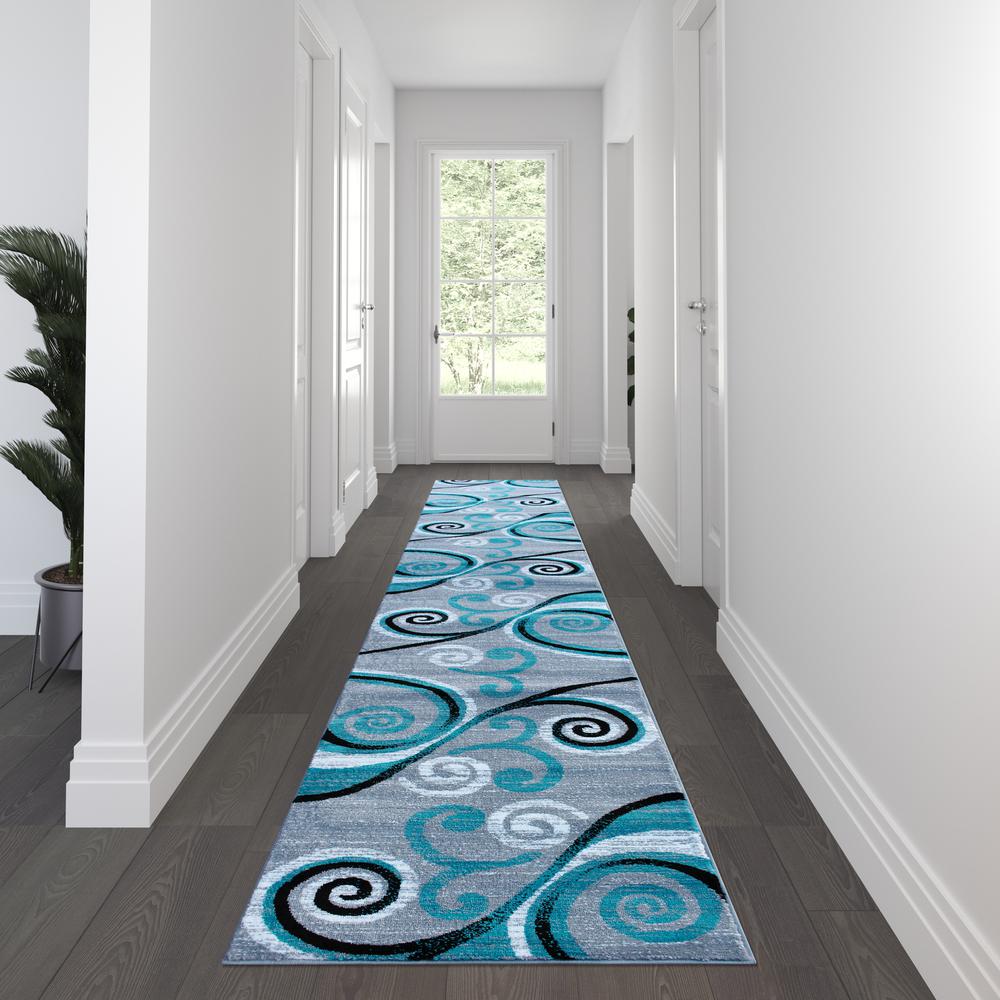 3' x 16' Turquoise Abstract Area Rug - Olefin Rug with Jute Backing. Picture 2