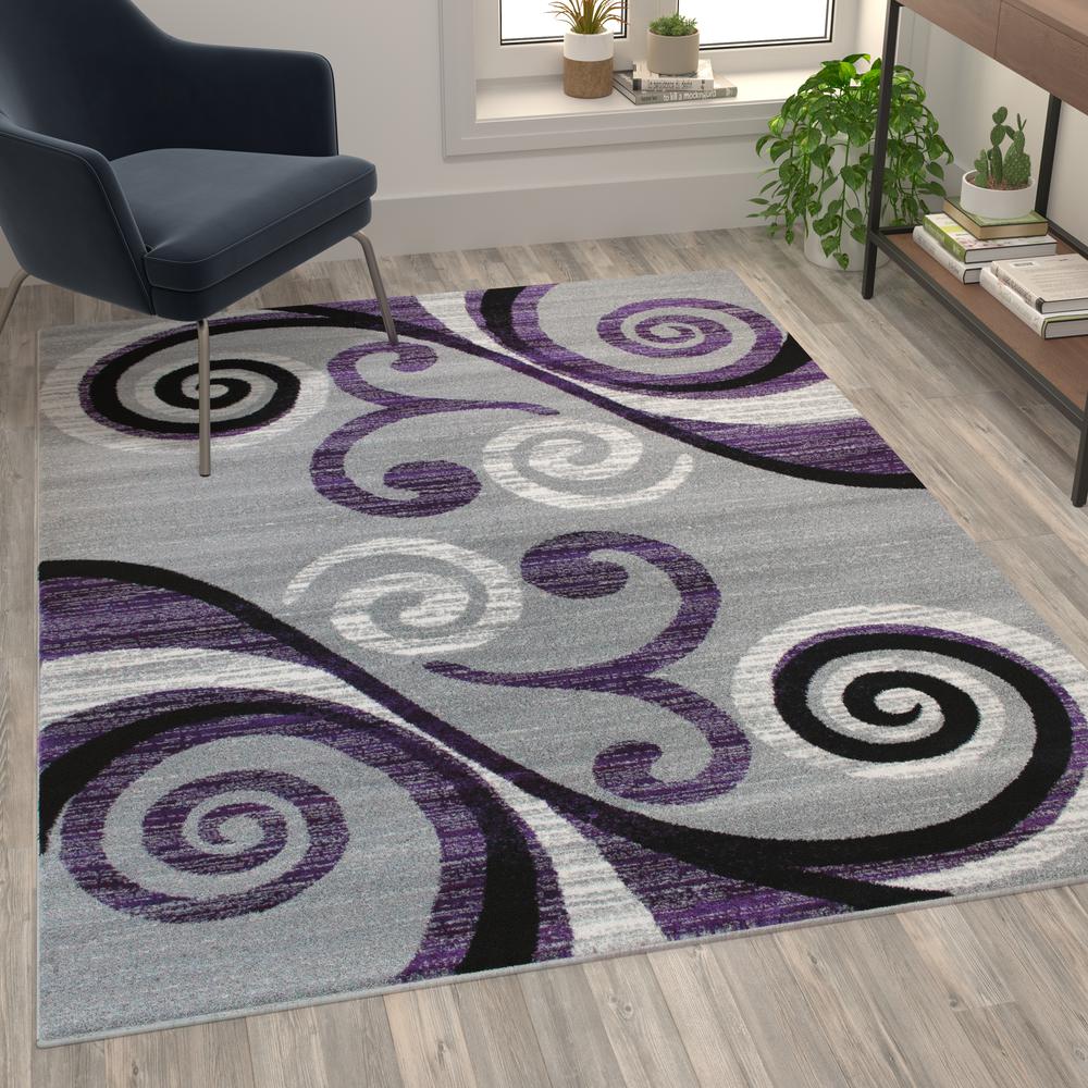 5' x 7' Purple Abstract Area Rug - Olefin Rug with Jute Backing. Picture 2