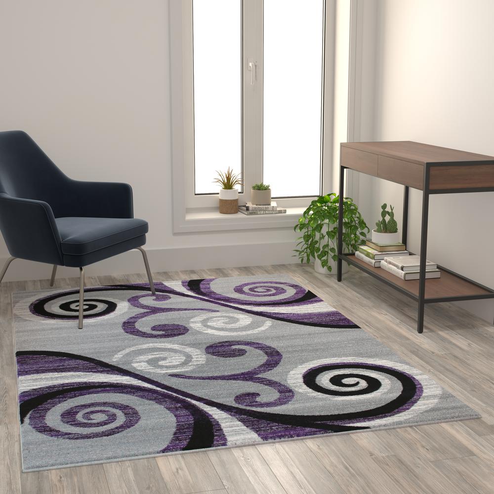 5' x 7' Purple Abstract Area Rug - Olefin Rug with Jute Backing. Picture 5