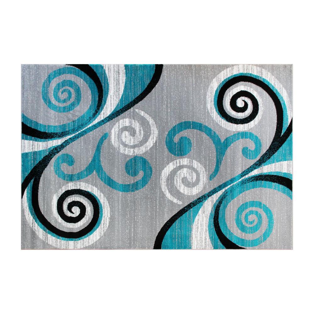 5' x 7' Turquoise Abstract Area Rug - Olefin Rug with Jute Backing. Picture 1