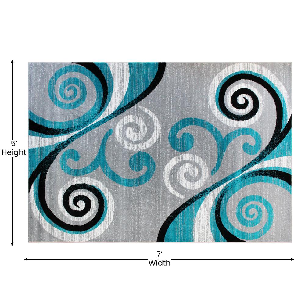 5' x 7' Turquoise Abstract Area Rug - Olefin Rug with Jute Backing. Picture 4