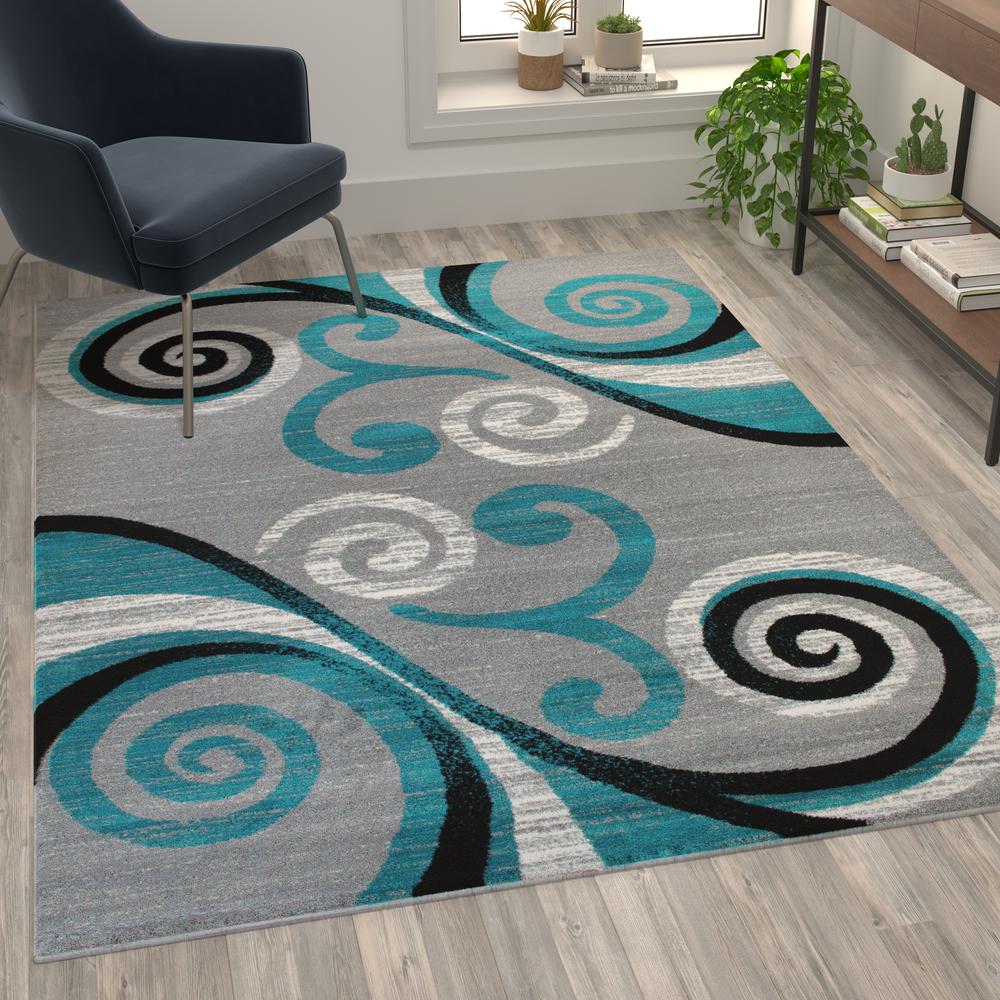 5' x 7' Turquoise Abstract Area Rug - Olefin Rug with Jute Backing. Picture 2