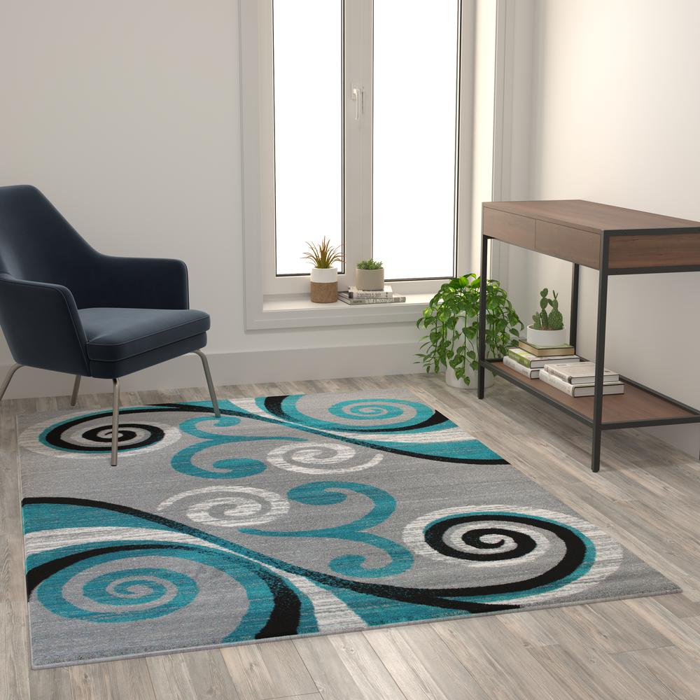 5' x 7' Turquoise Abstract Area Rug - Olefin Rug with Jute Backing. Picture 5