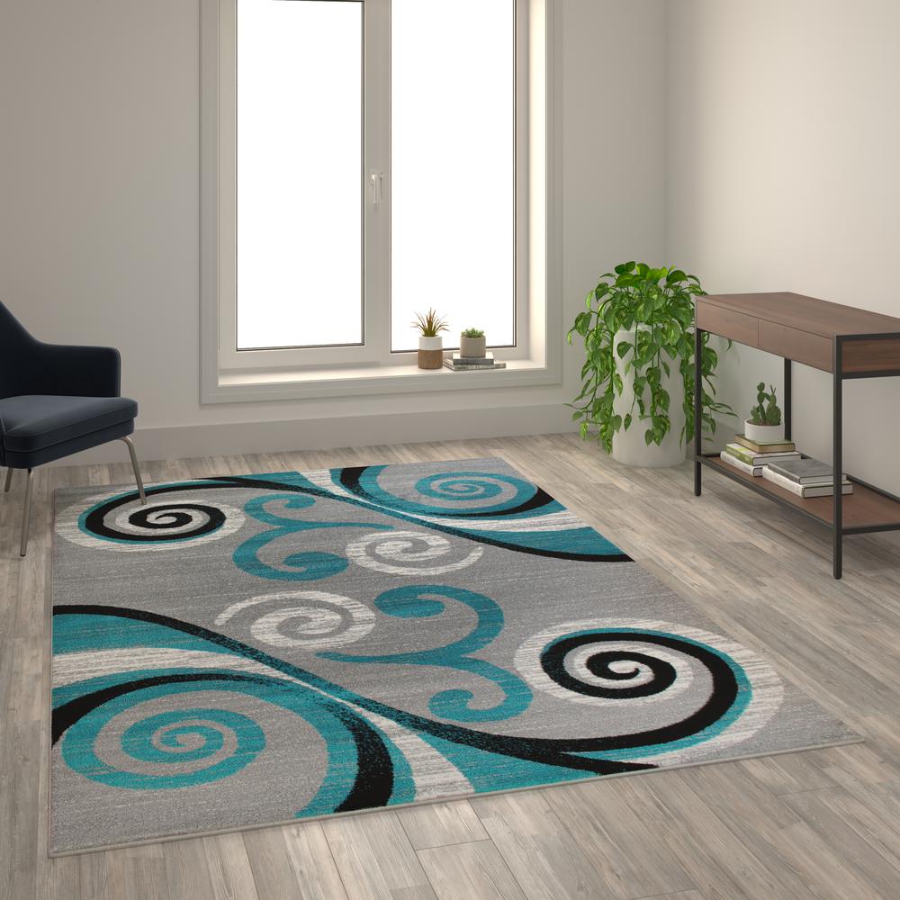 6' x 9' Turquoise Abstract Area Rug - Olefin Rug with Jute Backing. Picture 2