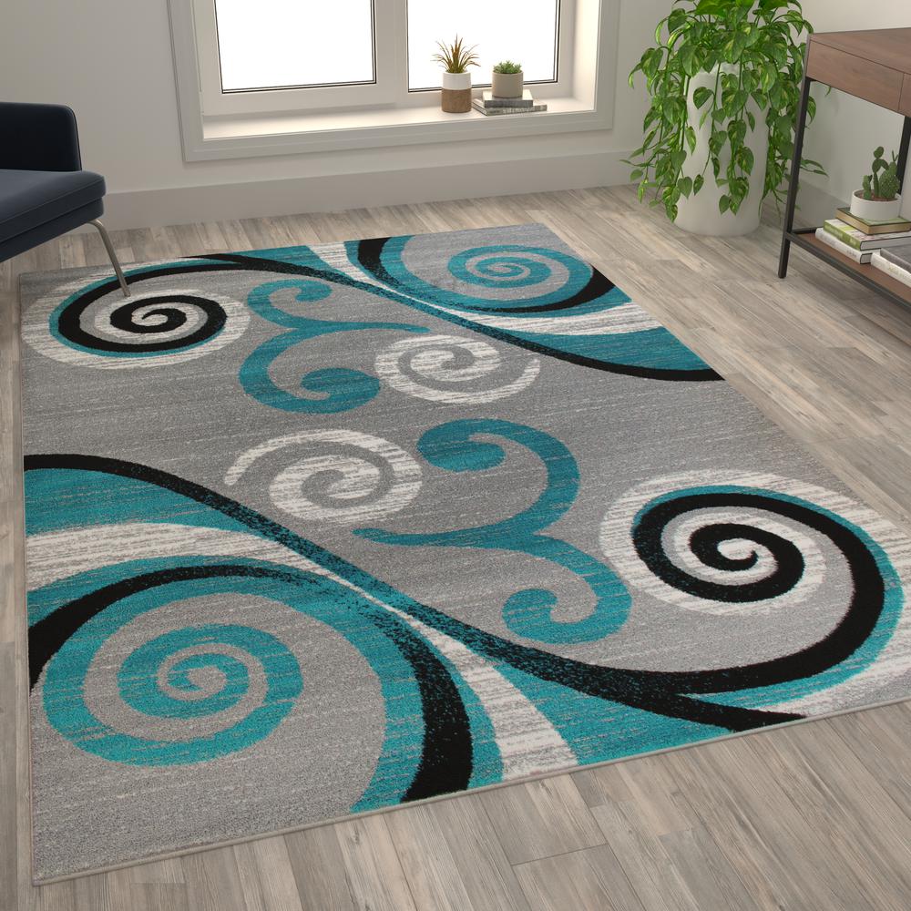 6' x 9' Turquoise Abstract Area Rug - Olefin Rug with Jute Backing. Picture 5