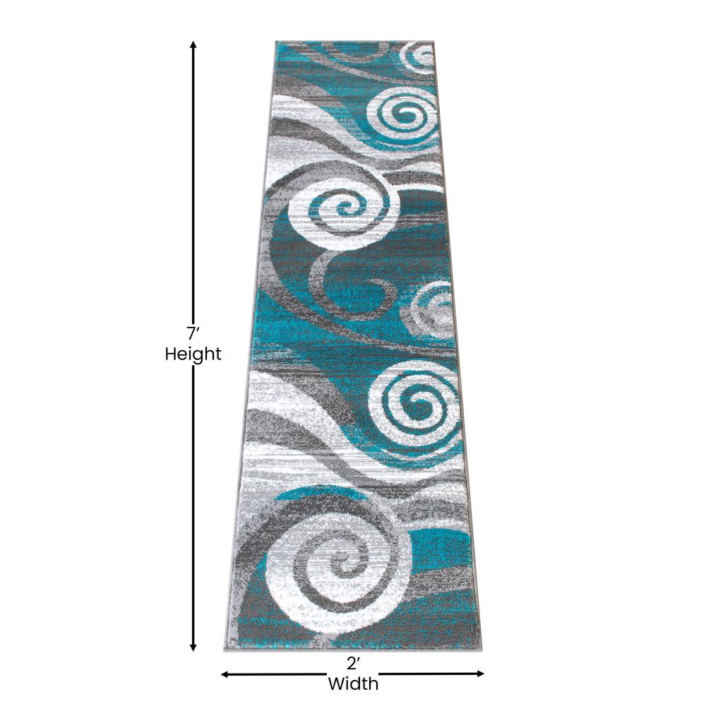 2' x 7' Turquoise Swirl Olefin Area Rug for Entryway, Living Room, Bedroom. Picture 4