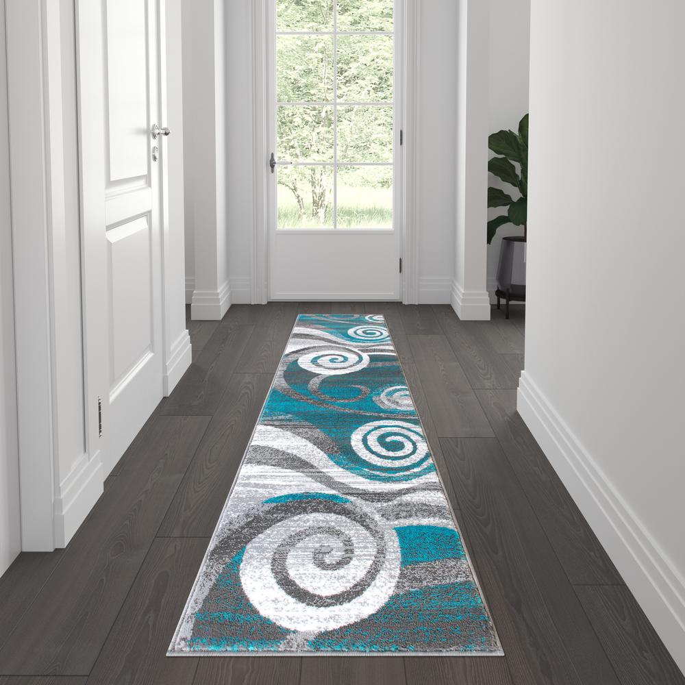 2' x 7' Turquoise Swirl Olefin Area Rug for Entryway, Living Room, Bedroom. Picture 2