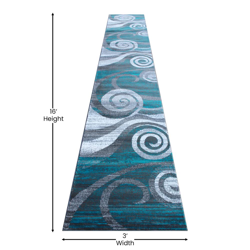 3' x 16' Turquoise Swirl Olefin Area Rug for Entryway, Living Room, Bedroom. Picture 4