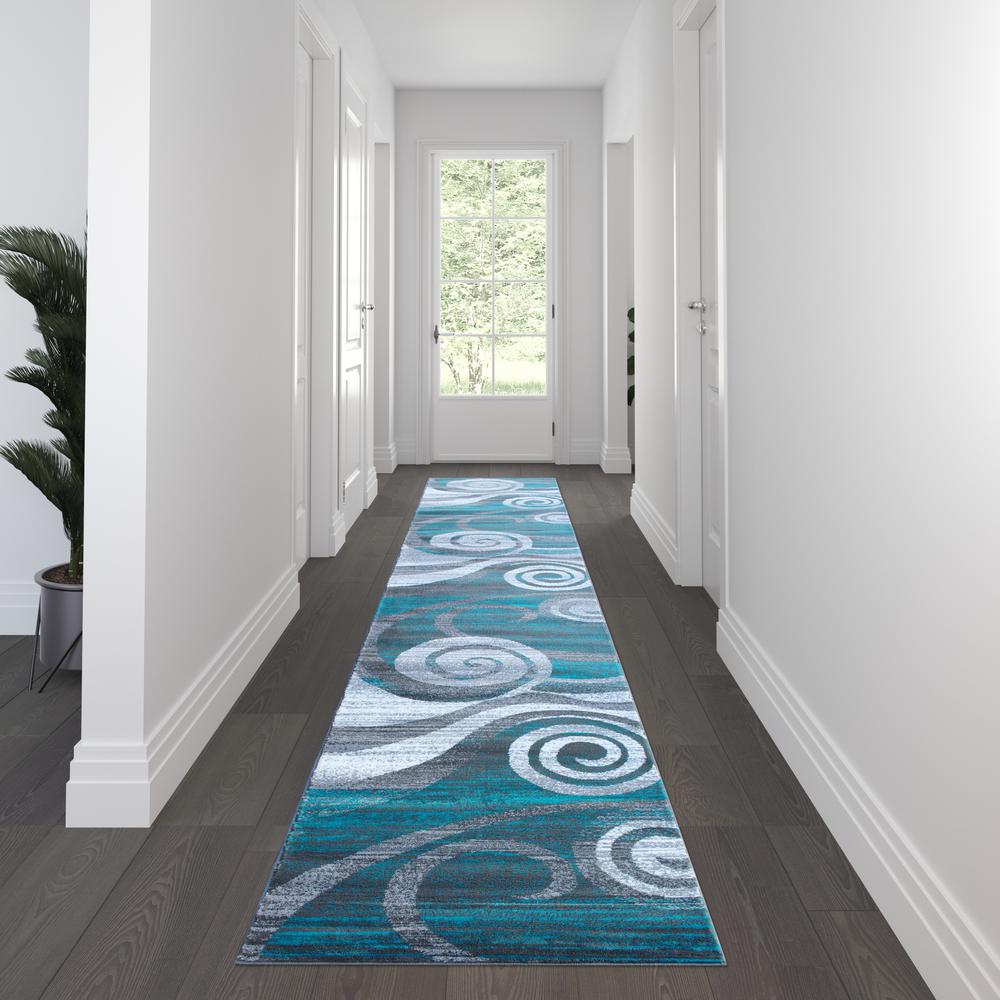 3' x 16' Turquoise Swirl Olefin Area Rug for Entryway, Living Room, Bedroom. Picture 2