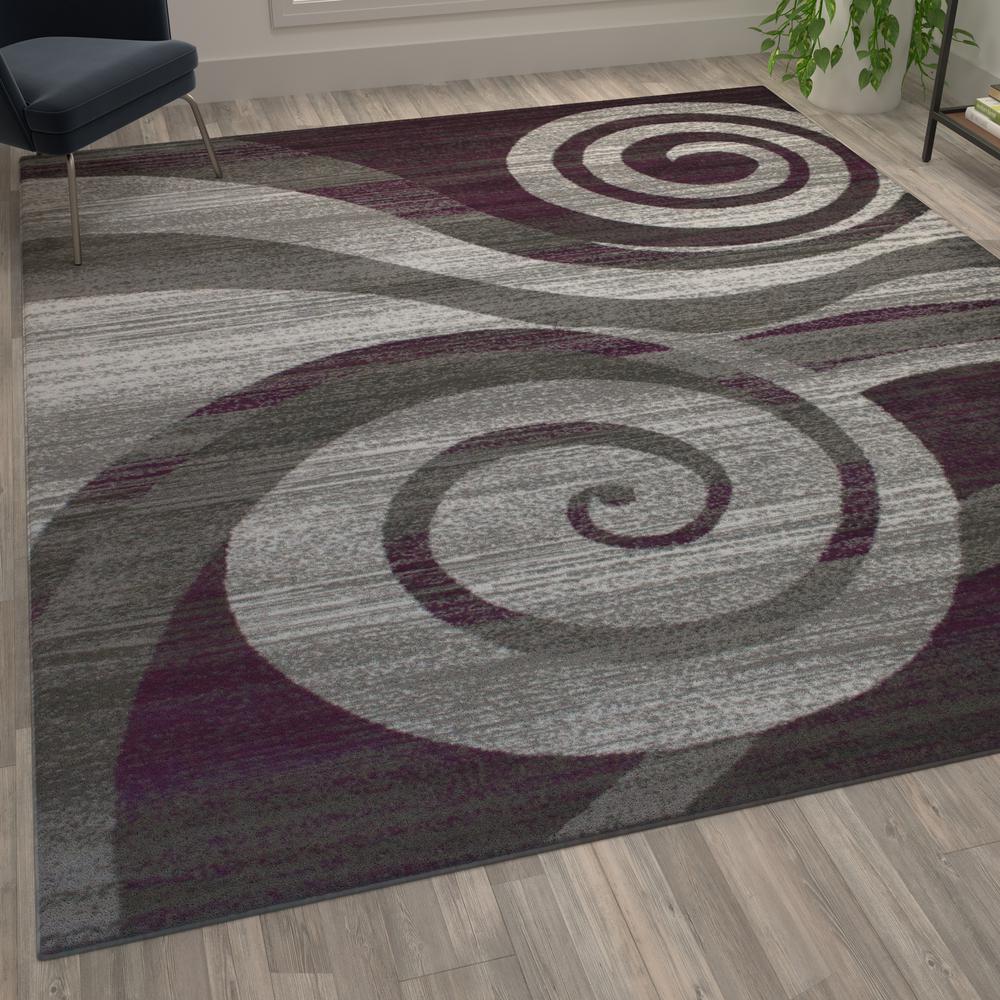 Cirrus Collection 5' x 7' Purple Swirl Patterned Olefin Area Rug with Jute Backing for Entryway, Living Room, Bedroom. Picture 5