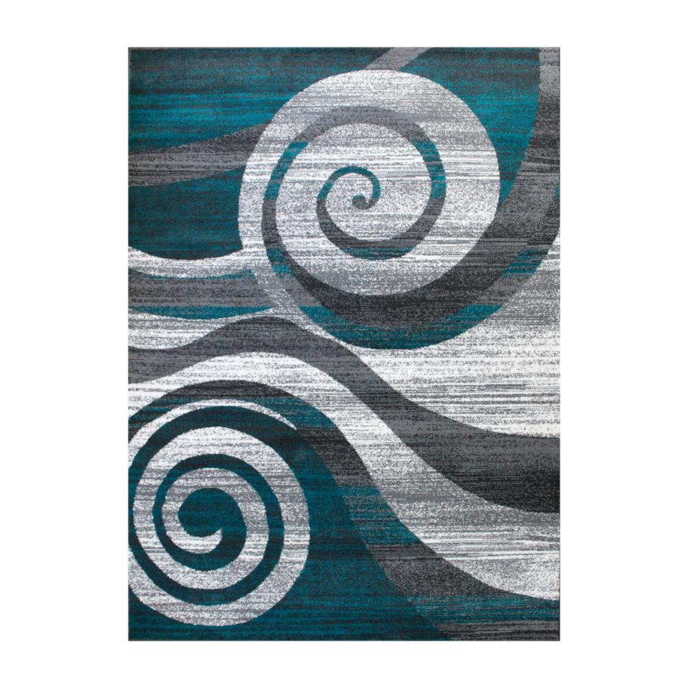 Cirrus Collection 8' x 10' Turquoise Swirl Patterned Olefin Area Rug with Jute Backing for Entryway, Living Room, Bedroom. Picture 1