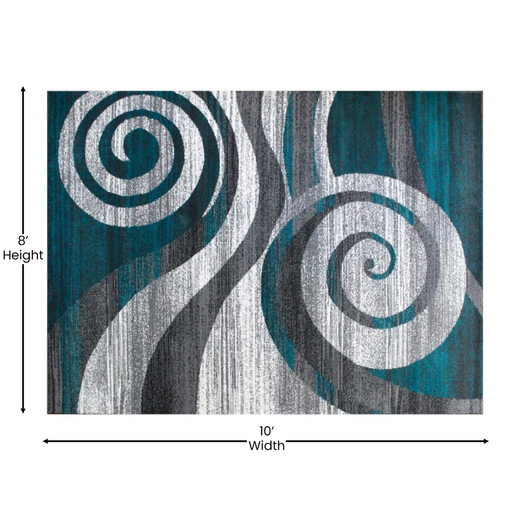 Cirrus Collection 8' x 10' Turquoise Swirl Patterned Olefin Area Rug with Jute Backing for Entryway, Living Room, Bedroom. Picture 4