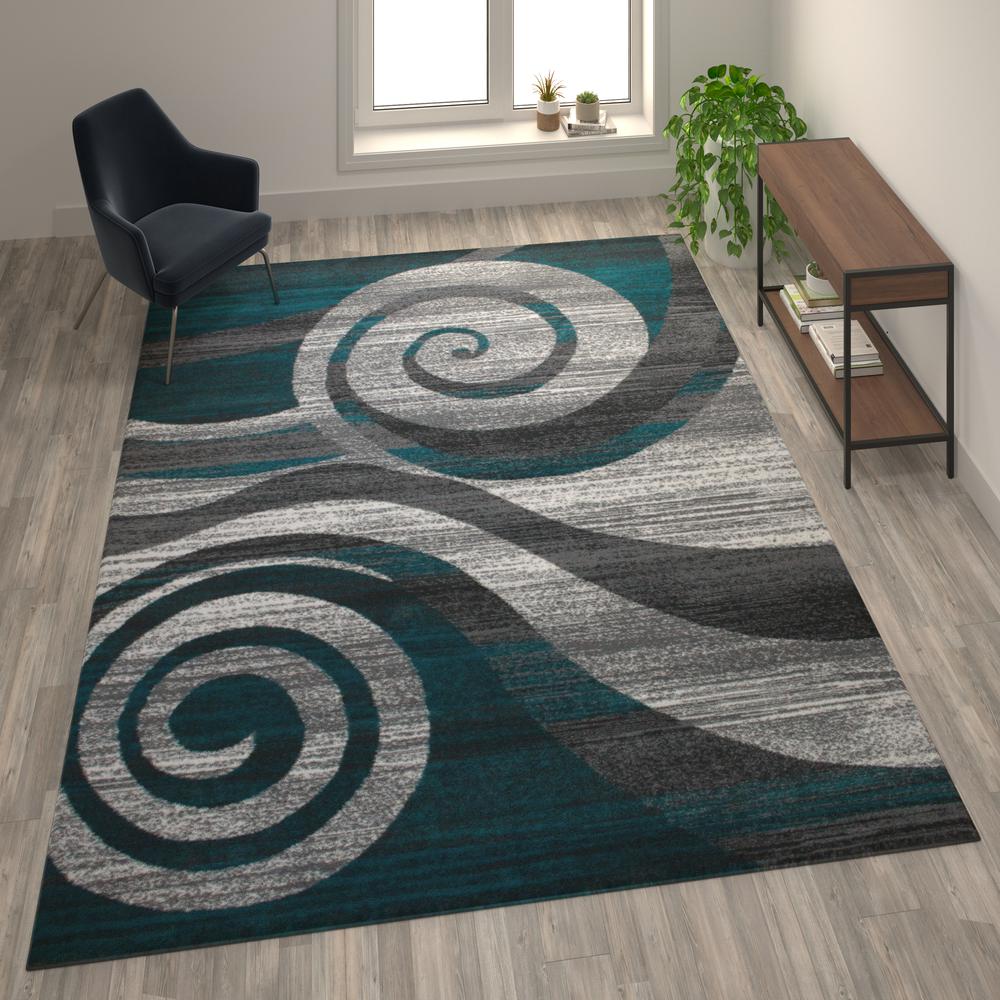 Cirrus Collection 8' x 10' Turquoise Swirl Patterned Olefin Area Rug with Jute Backing for Entryway, Living Room, Bedroom. Picture 2