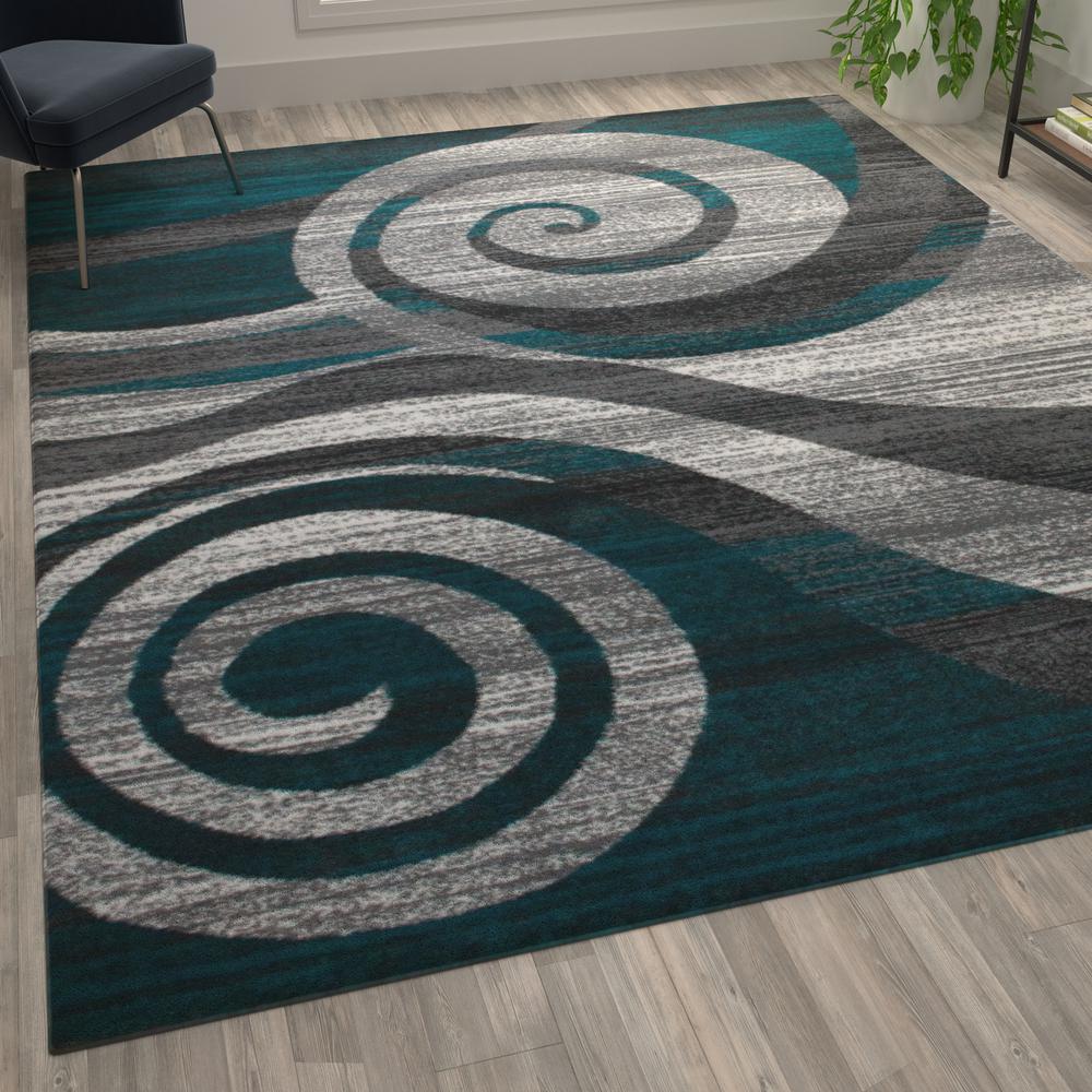 Cirrus Collection 8' x 10' Turquoise Swirl Patterned Olefin Area Rug with Jute Backing for Entryway, Living Room, Bedroom. Picture 5