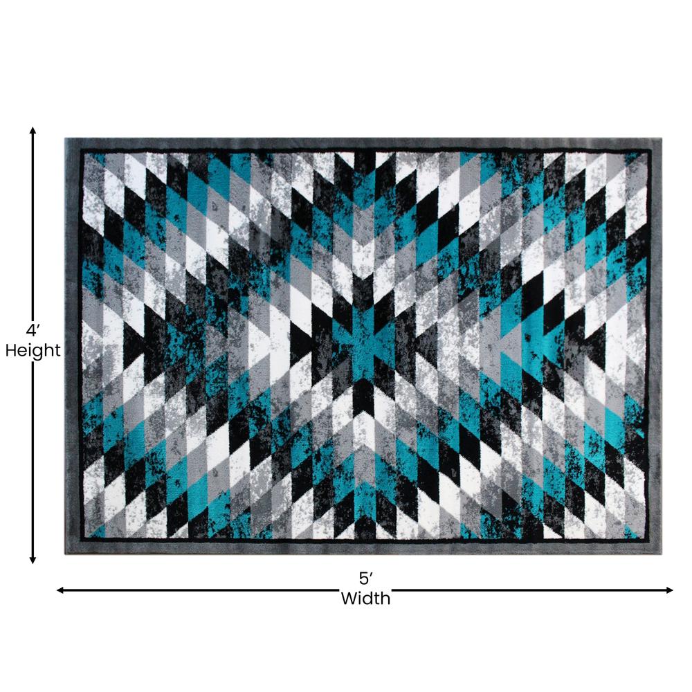 Teagan Collection Southwestern 4' x 5' Turquoise Area Rug - Olefin Rug with Jute Backing - Entryway, Living Room, Bedroom. Picture 4