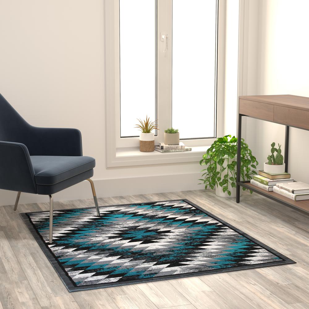 Teagan Collection Southwestern 4' x 5' Turquoise Area Rug - Olefin Rug with Jute Backing - Entryway, Living Room, Bedroom. Picture 2