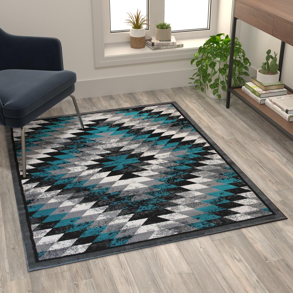Teagan Collection Southwestern 4' x 5' Turquoise Area Rug - Olefin Rug with Jute Backing - Entryway, Living Room, Bedroom. Picture 5