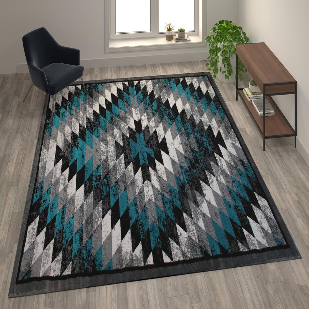 Southwestern 5' x 7' Turquoise Area Rug - Olefin Rug with Jute Backing. Picture 2