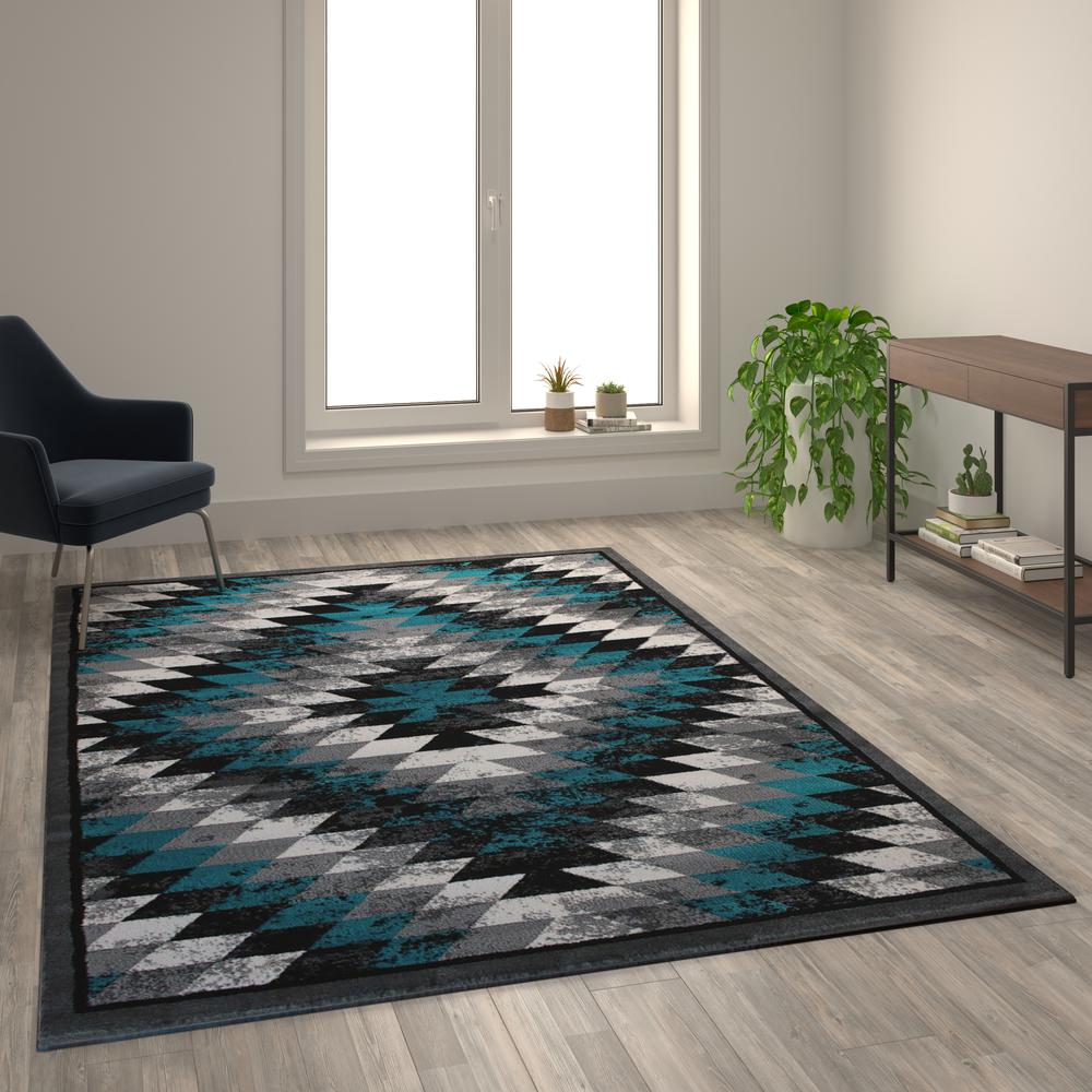 Southwestern 6' x 9' Turquoise Area Rug - Olefin Rug with Jute Backing. Picture 2