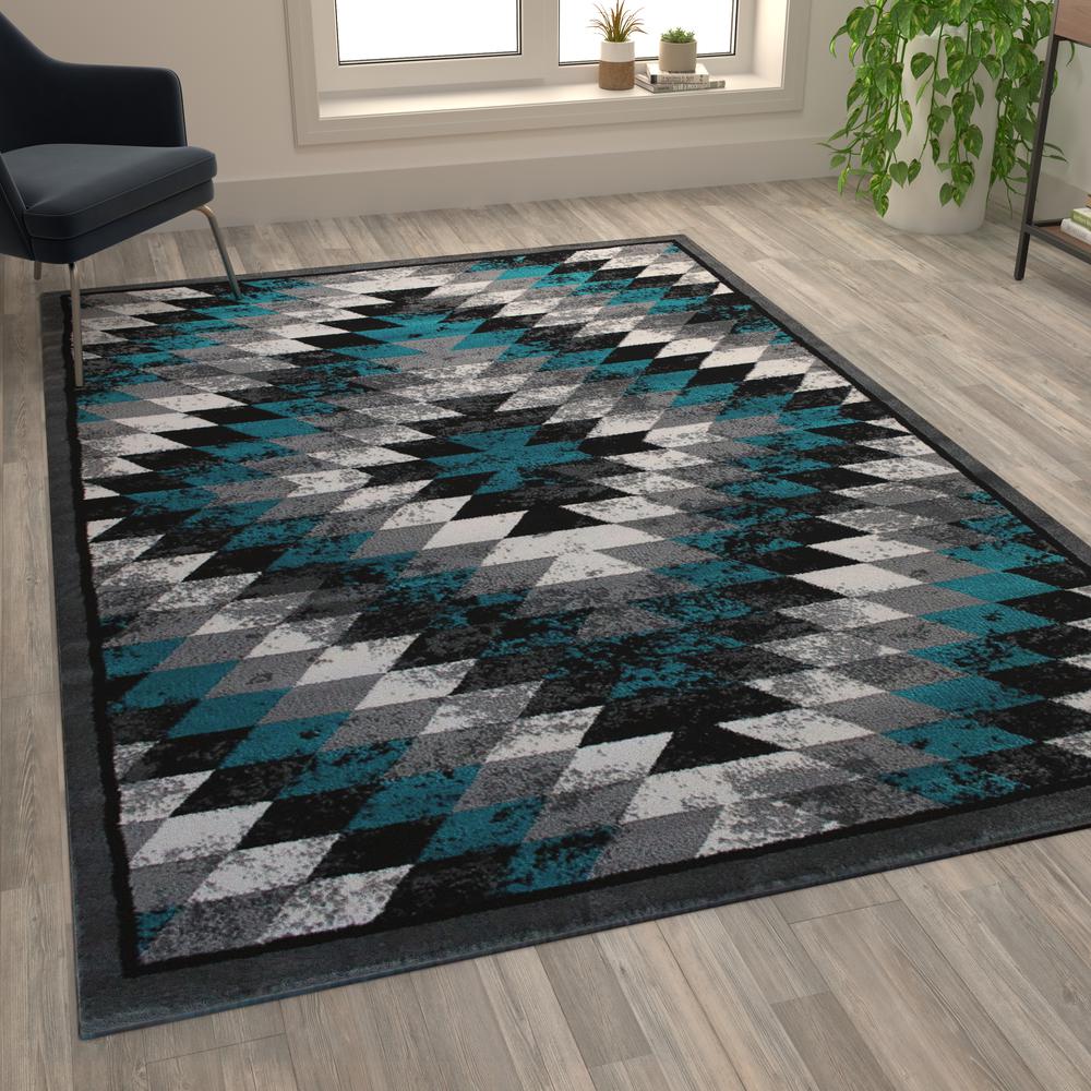 Southwestern 6' x 9' Turquoise Area Rug - Olefin Rug with Jute Backing. Picture 5