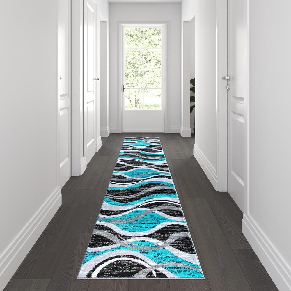 2' x 11' Turquoise Rippled Olefin Area Rug for Entryway, Living Room, Bedroom. Picture 2