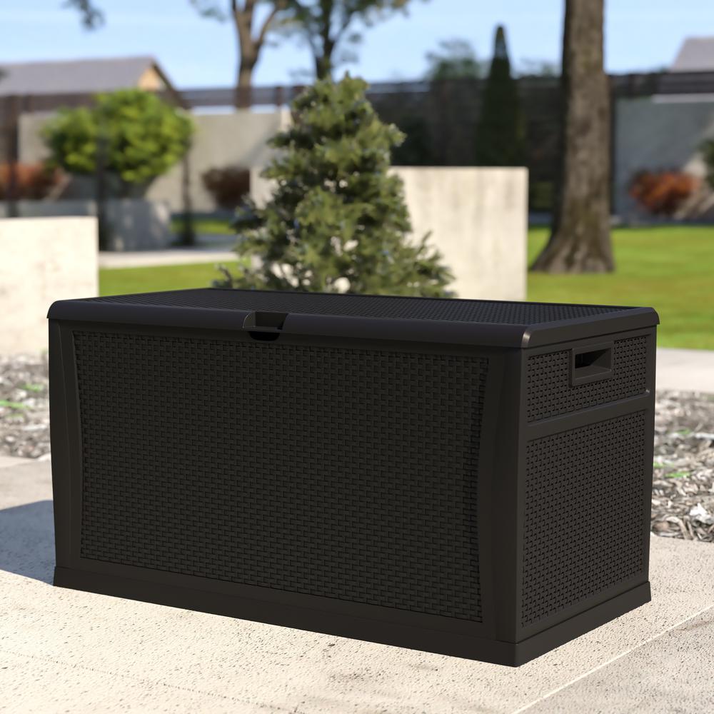 120 Gallon Plastic Deck Box - Waterproof Storage Box, Black. Picture 1