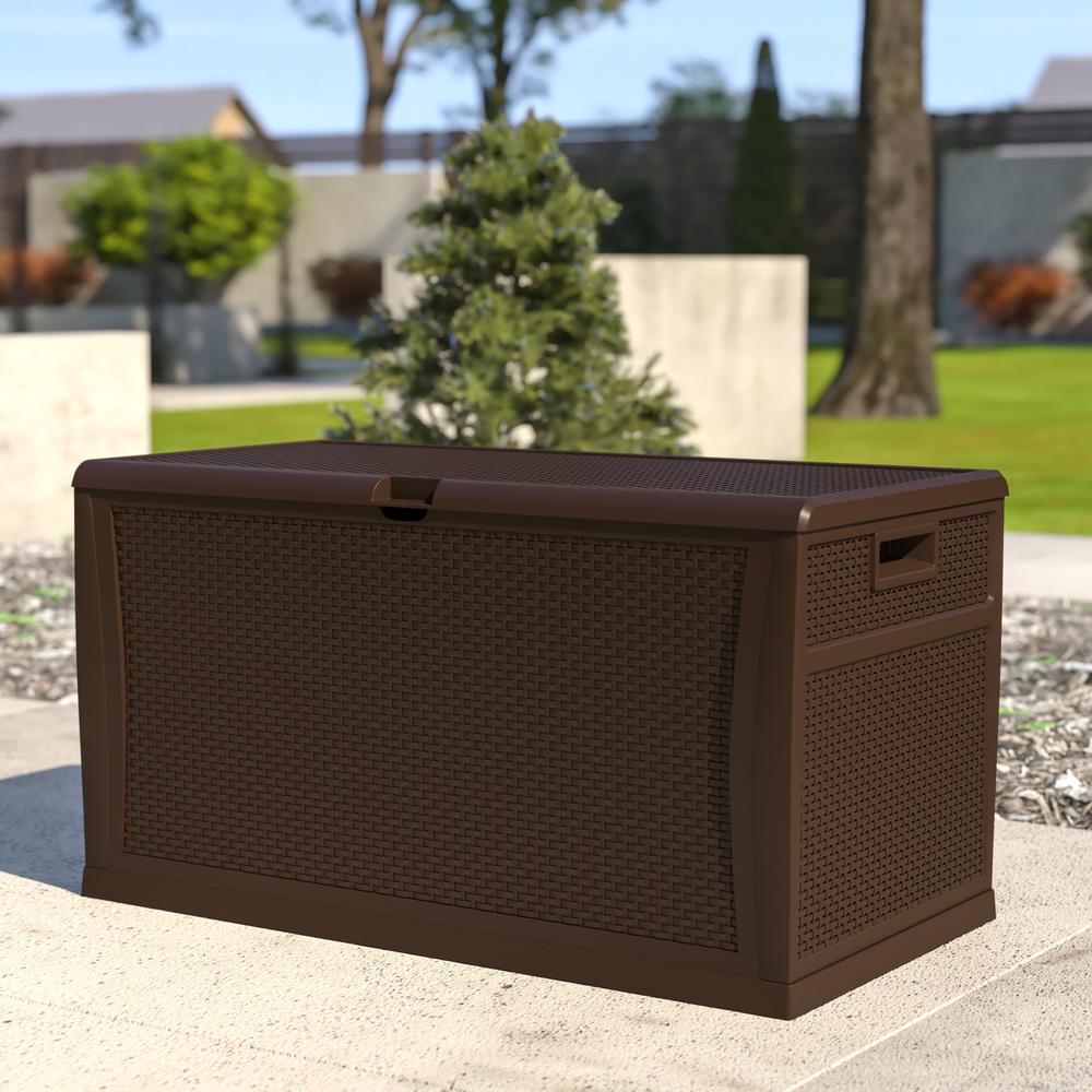 120 Gallon Plastic Deck Box - Waterproof Storage Box, Brown. Picture 1