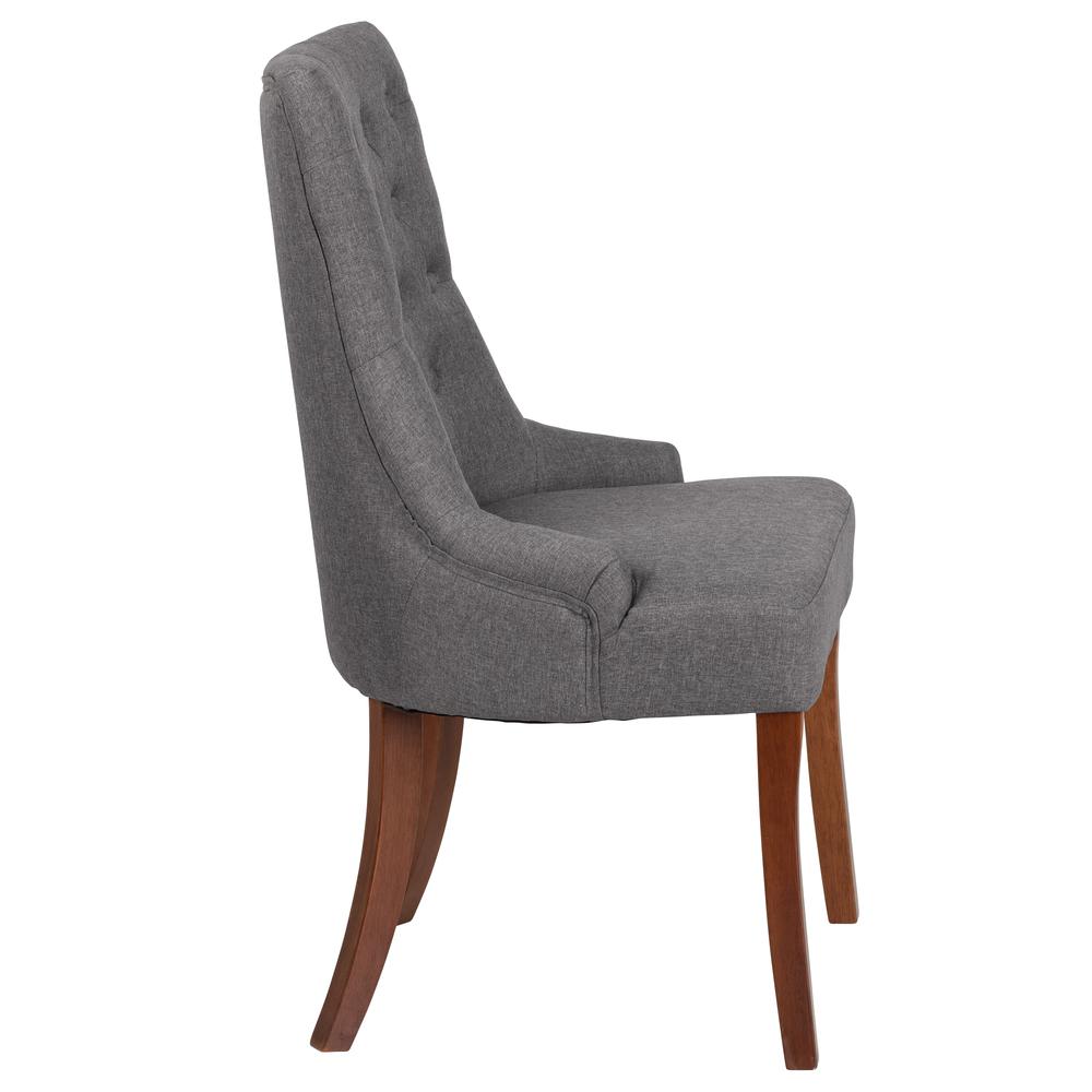 Gray Fabric Tufted Chair with Curved Mahogany Legs. Picture 2