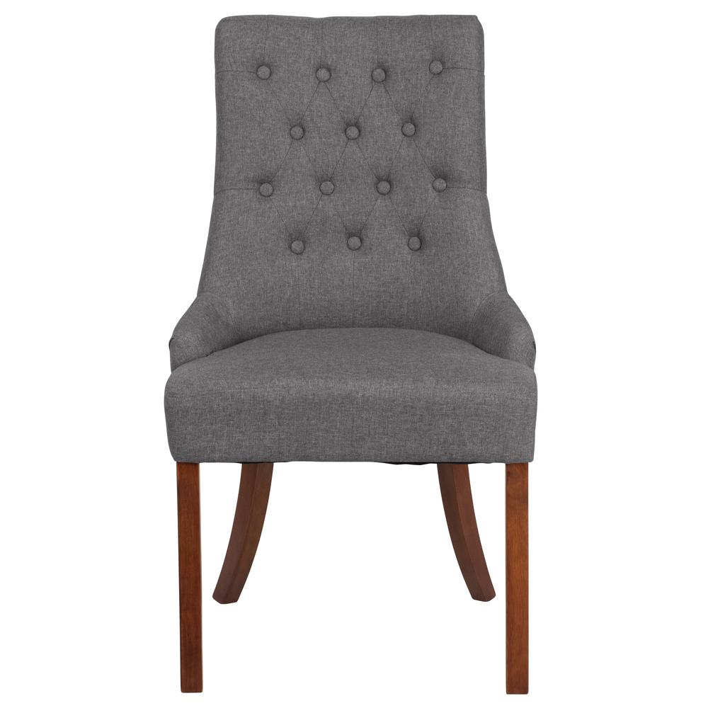 Gray Fabric Tufted Chair with Curved Mahogany Legs. Picture 4