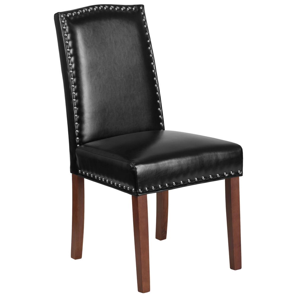 Black LeatherSoft Parsons Chair with Silver Accent Nail Trim. Picture 1