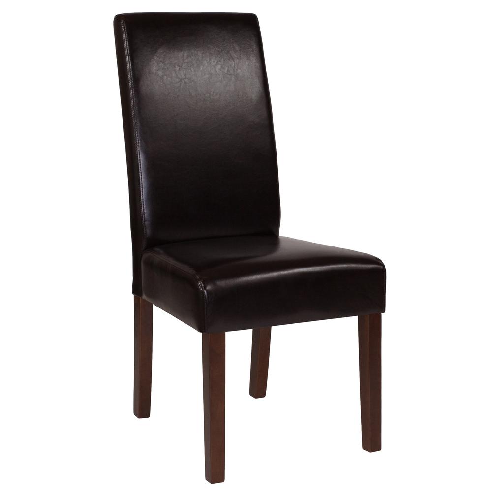 Greenwich Series Brown LeatherSoft Upholstered Panel Back Mid-Century Parsons Dining Chair. Picture 1