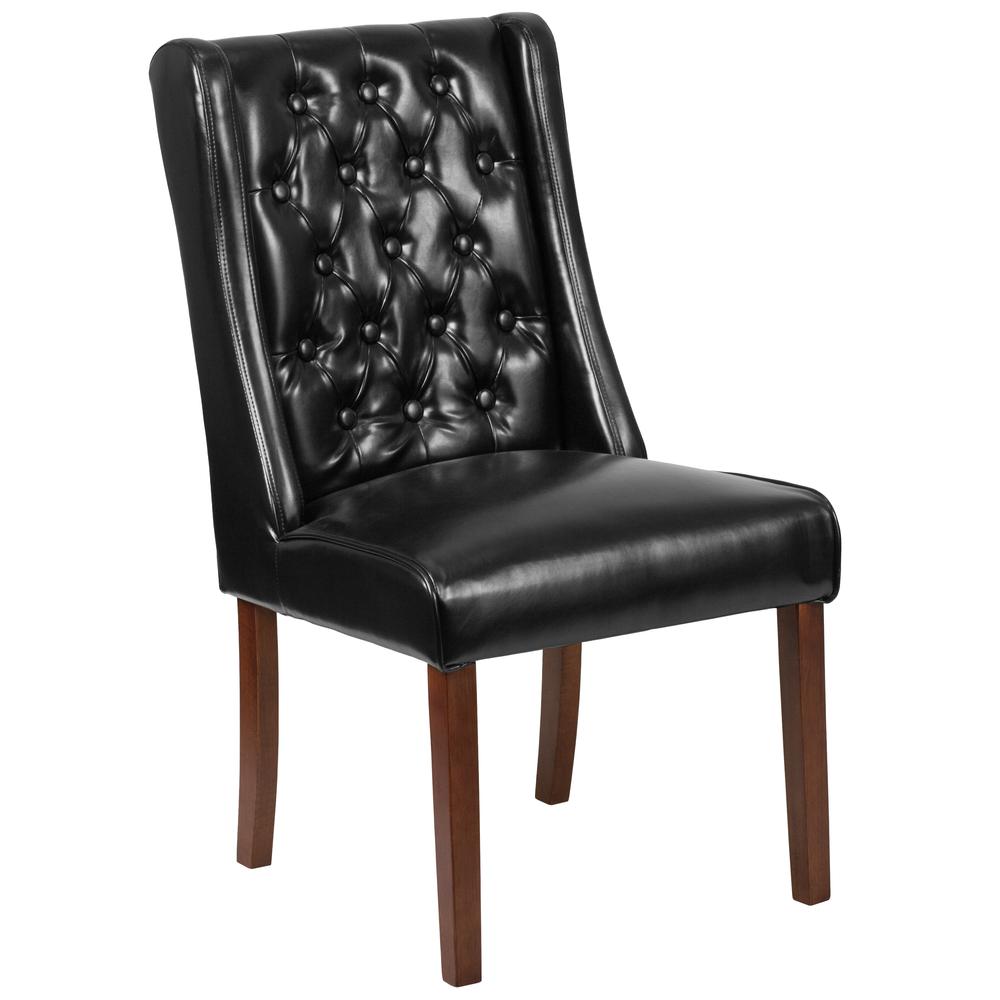 Black LeatherSoft Tufted Parsons Chair with Side Panel Detail. Picture 1