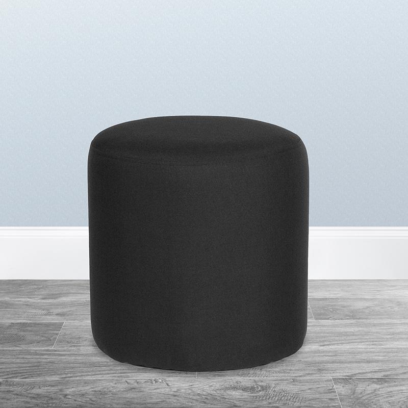 Barrington Upholstered Round Ottoman Pouf in Black Fabric. Picture 1