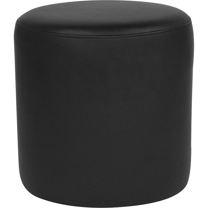 Taut Upholstered Round Ottoman Pouf in Black LeatherSoft. Picture 1
