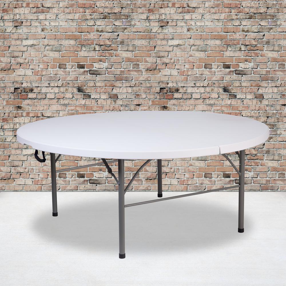 5.89-Foot Round Bi-Fold Granite White Plastic Banquet and Event Folding Table with Carrying Handle. Picture 8