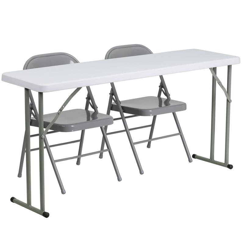 5-Foot Plastic Folding Training Table Set with 2 Gray Metal Folding Chairs. Picture 1