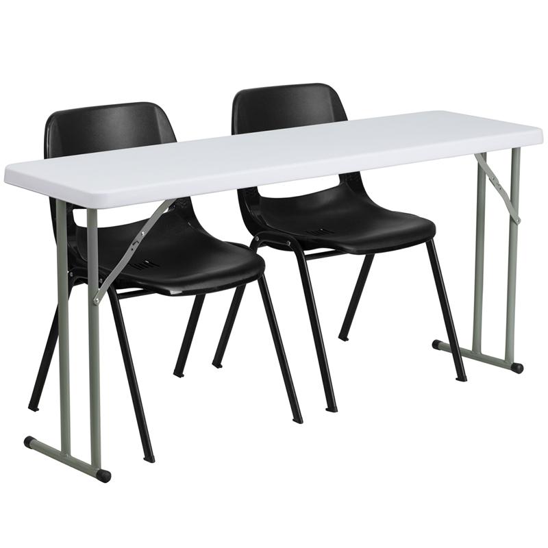5-Foot Plastic Folding Training Table Set with 2 Black Plastic Stack Chairs. Picture 1