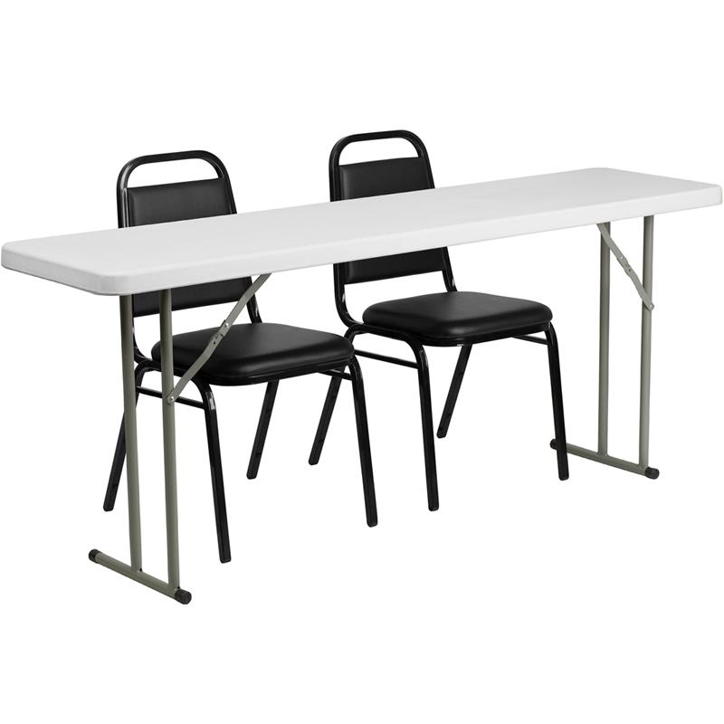 6-Foot Plastic Folding Training Table Set with 2 Trapezoidal Back Stack Chairs. Picture 1