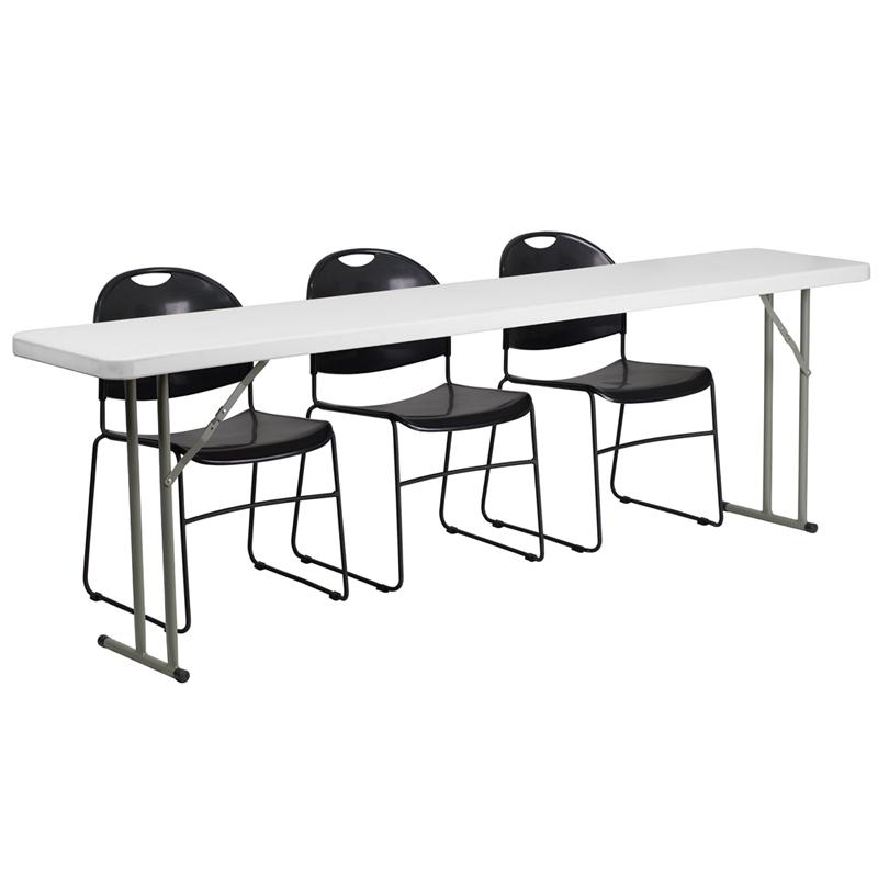 8-Foot Plastic Folding Training Table Set with 3 Black Plastic Stack Chairs. The main picture.